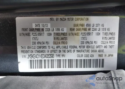 2014 Mazda Cx-5 Touring z USA, uszkodzony, nr VIN JM3KE4CYXE0406398